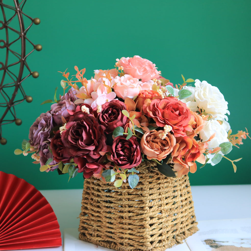 Valentine European Faux Peony Hydrangea Rose Vintage Bouquet