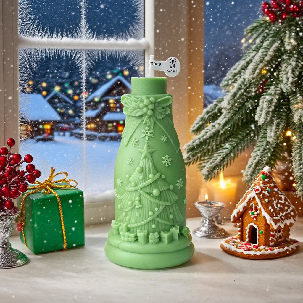 Christmas Bottle Candle Holiday Decor 3D Embossed Tabletop Accent