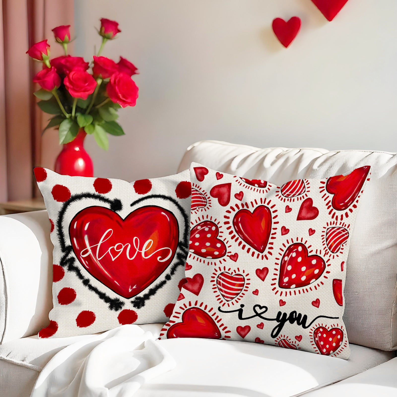 Red Heart Valentines Pillow Covers Set Love Quotes Decor