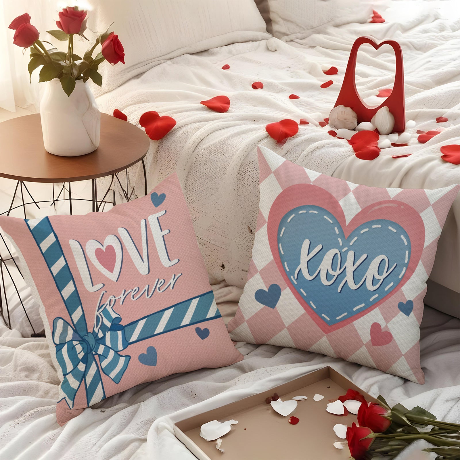 Love Forever Pink and Blue Heart Valentine Pillow Covers Set