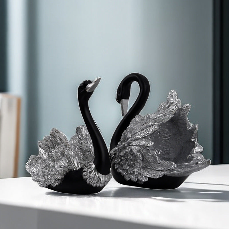 Black Swan Couple Decor Set Romantic Home Sculpture Gift