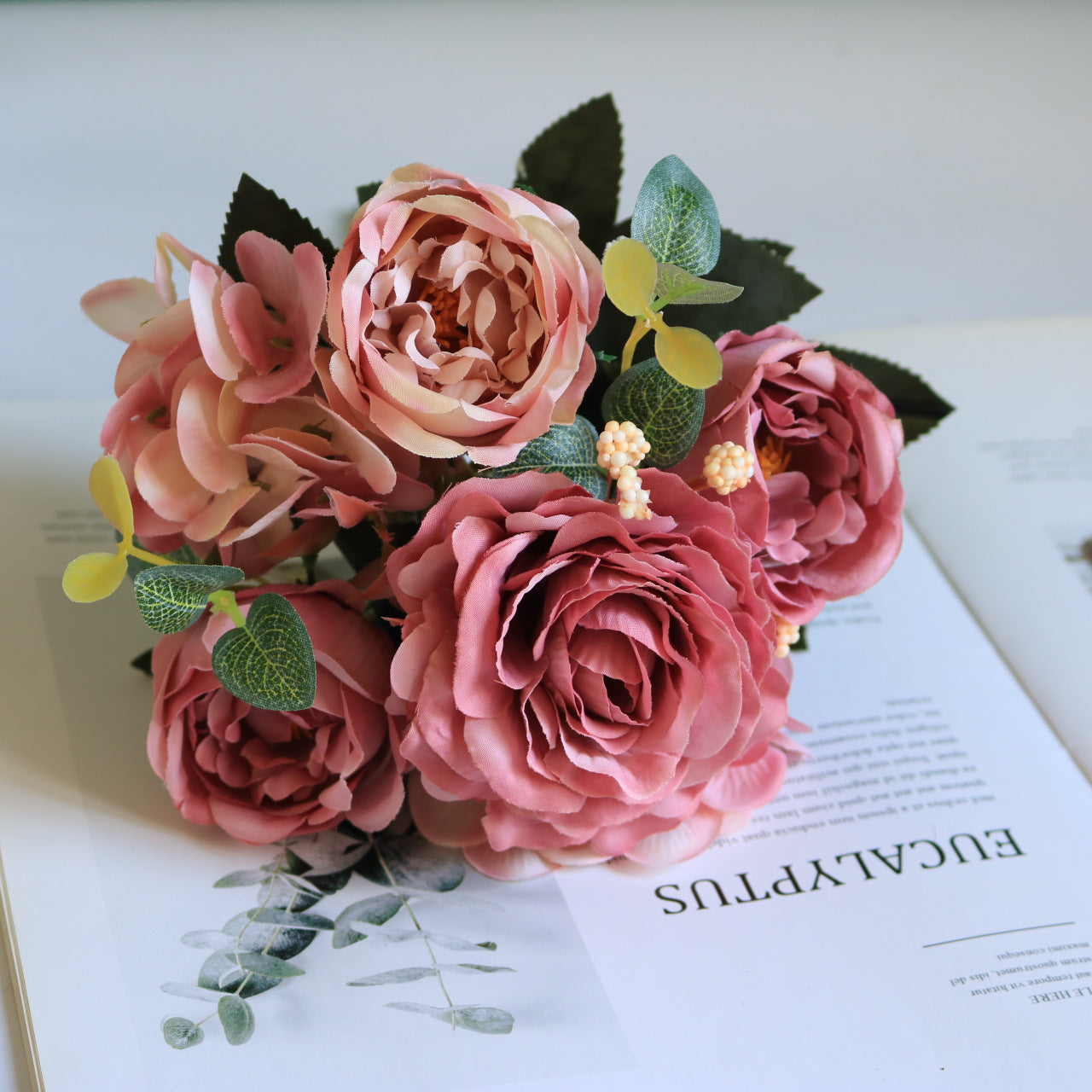 Valentine European Faux Peony Hydrangea Rose Vintage Bouquet