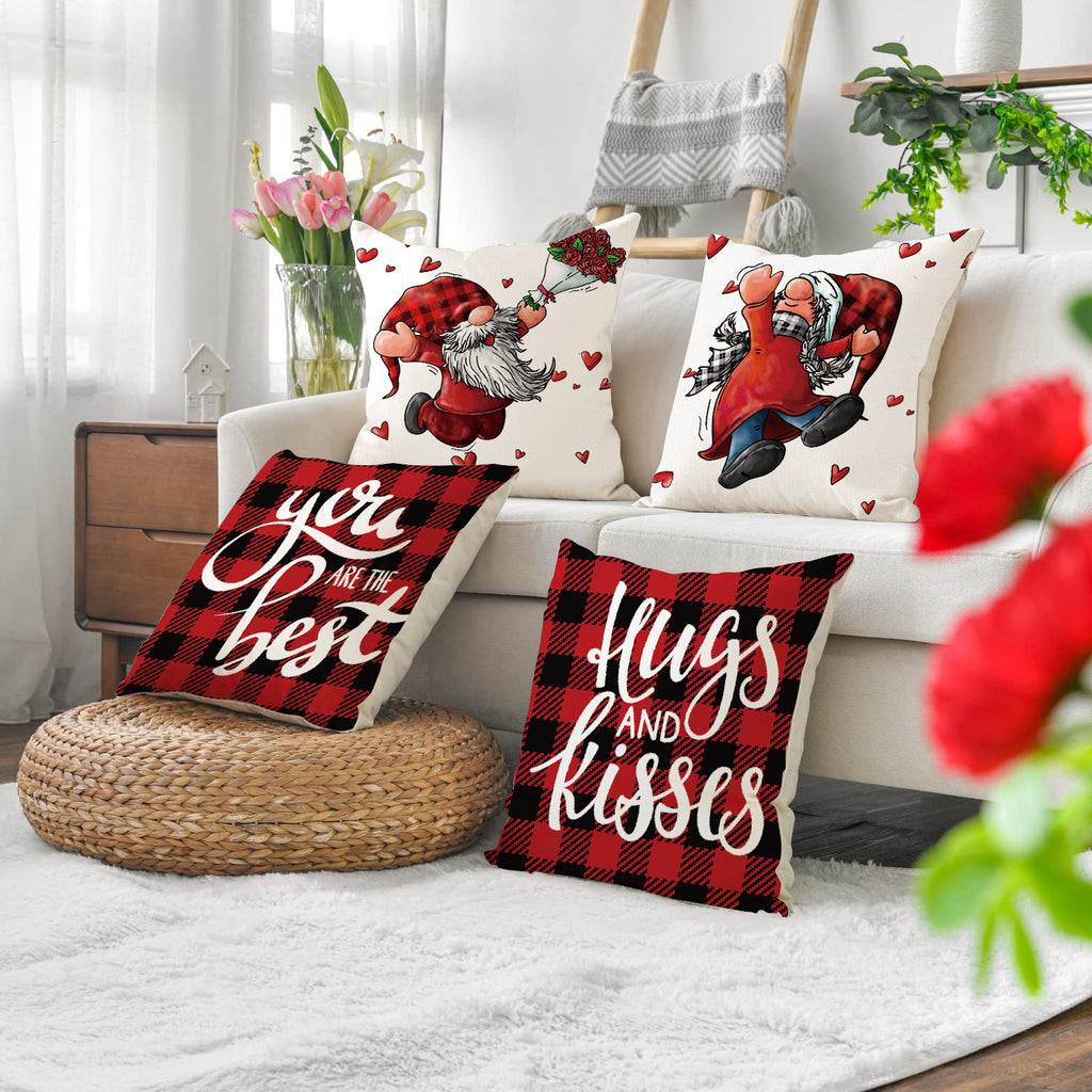 Valentine Gnome Throw Pillow Cover with Plaid Heart Print