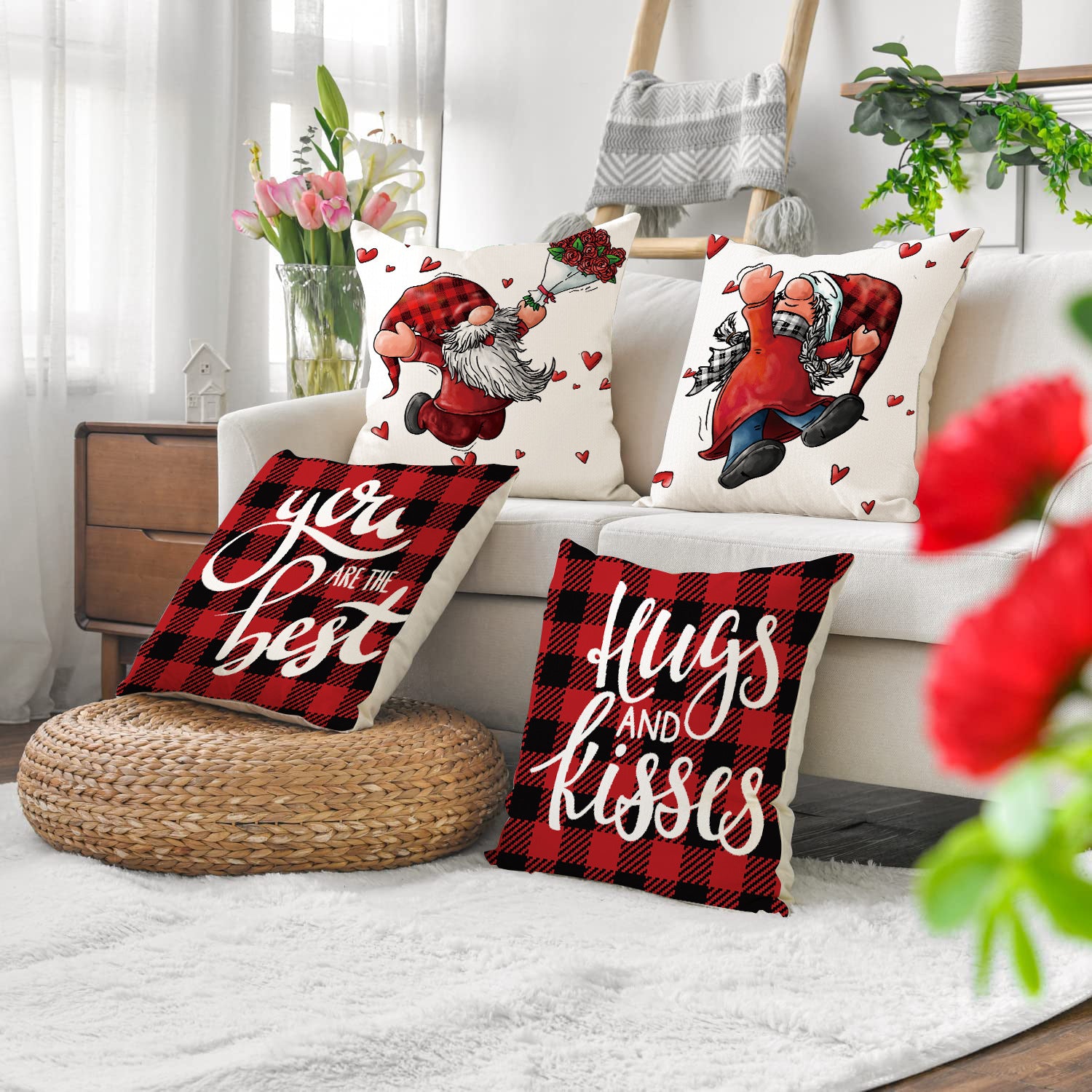 Valentine Gnome Throw Pillow Cover with Plaid Heart Print
