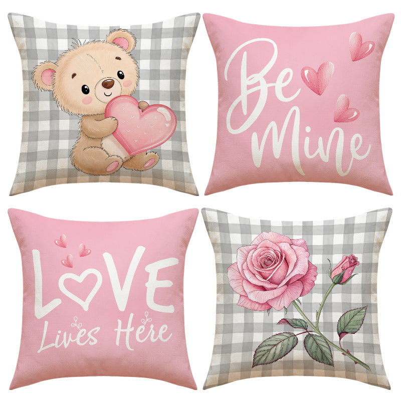 Pink Valentines Pillow Covers Cute Bear Rose Love Decor Set