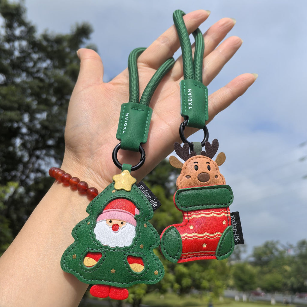 Christmas PU Leather Tree Stocking Charm Keychain