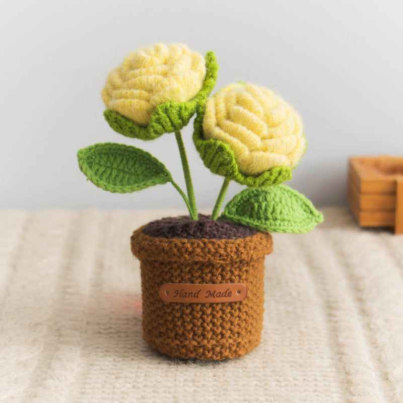 Valentine Handmade Crochet Double Rose Potted Decor