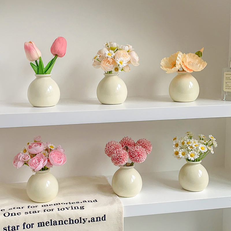 Cream Color Ceramic Vase with Silk Flower Bouquet Home Decor