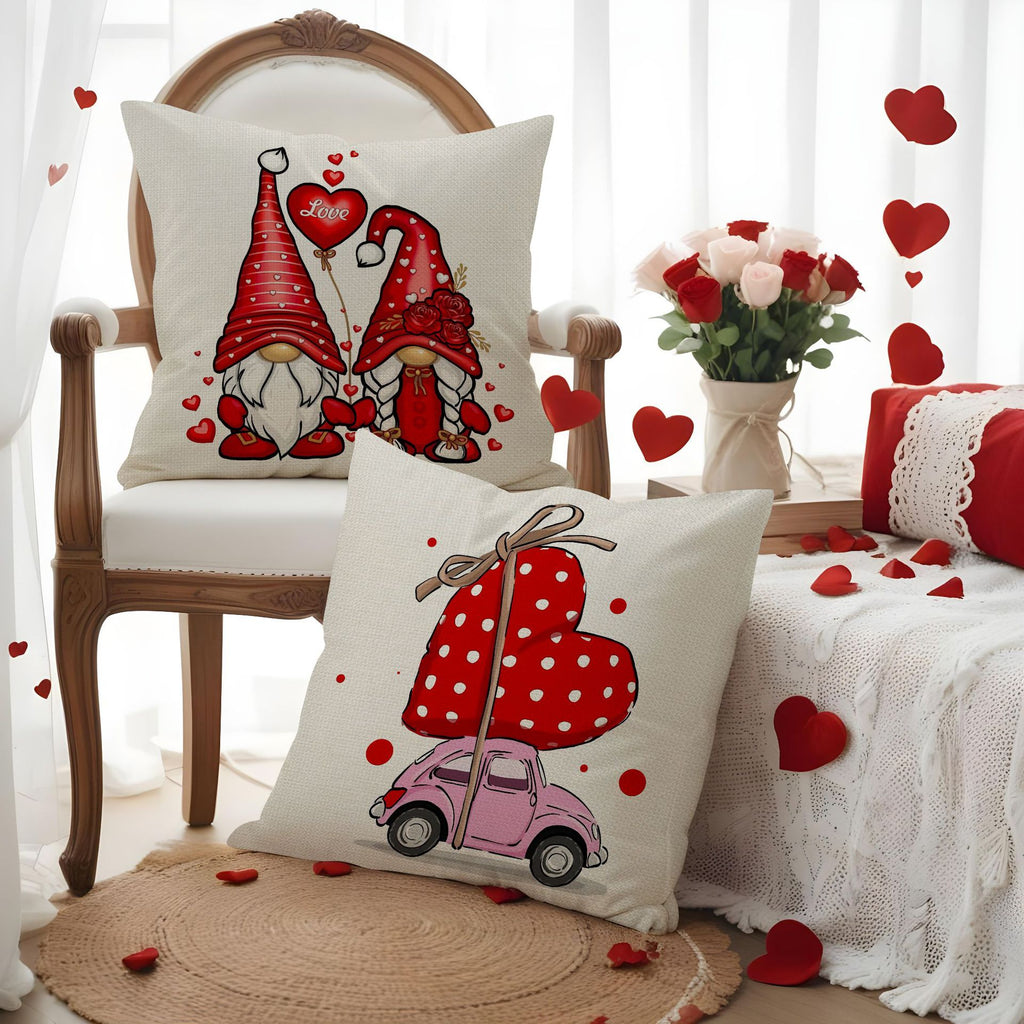 Valentine Gnome Love Heart Print Linen Pillow Cover Set