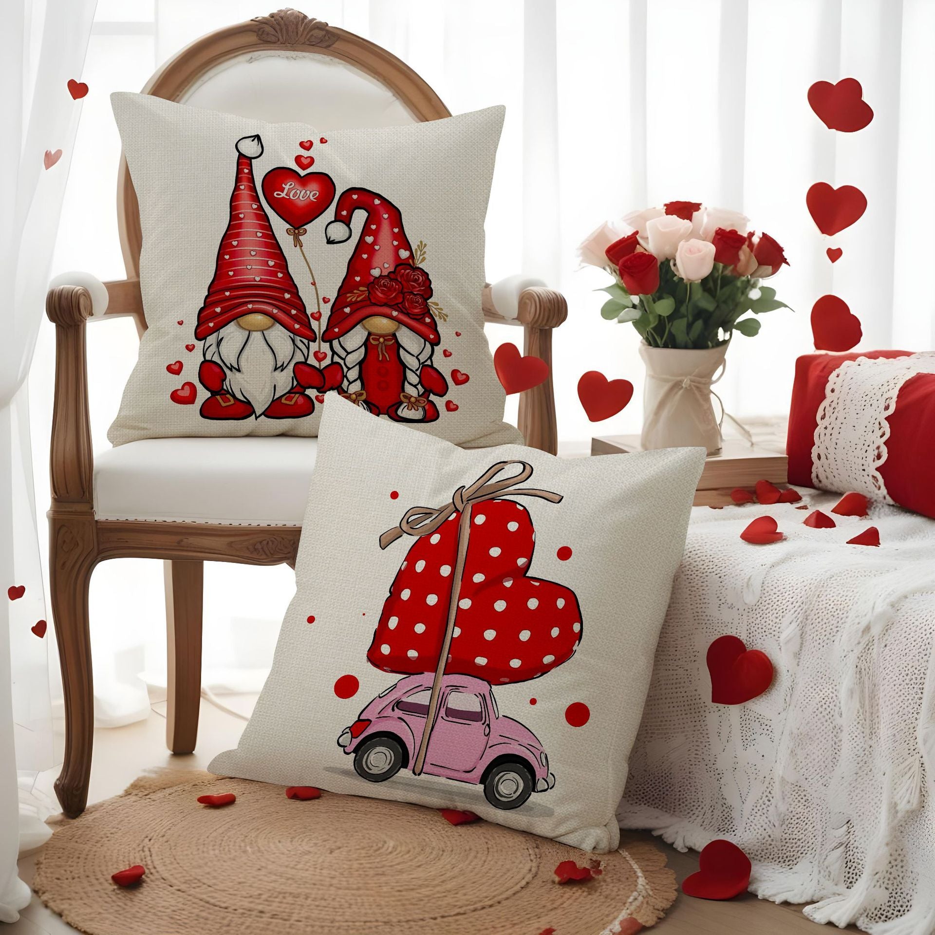 Valentine Gnome Love Heart Print Linen Pillow Cover Set