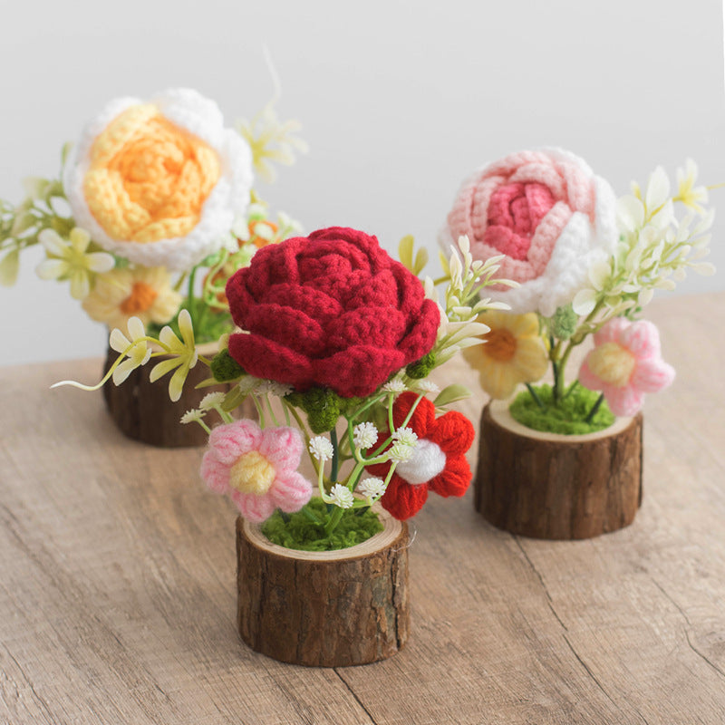 Crochet Daisy Rose Flower Pot Handmade Gift Decor