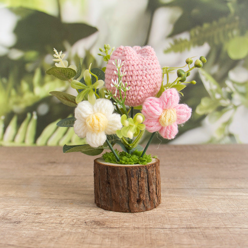Crochet Tulip Flower Pot Handmade Wooden Base Decor