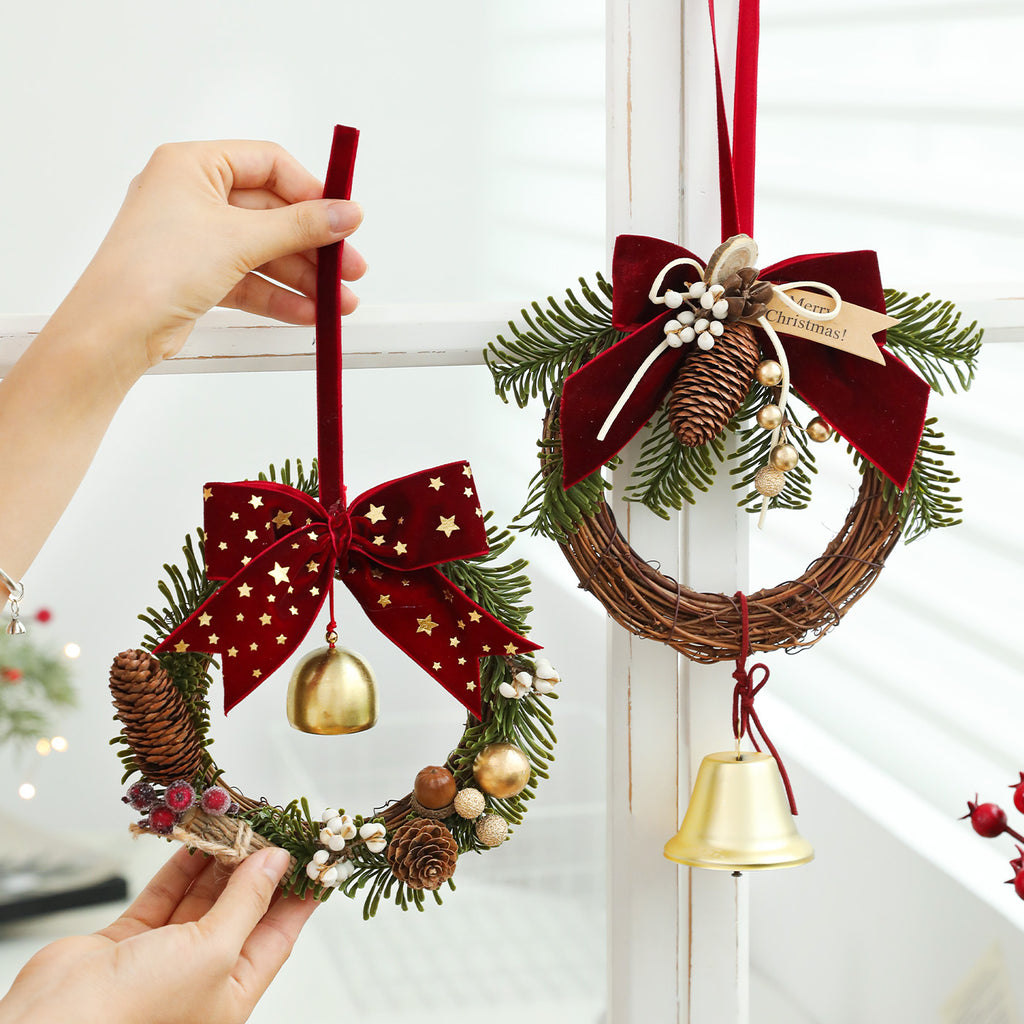 Christmas Mini Wreath Velvet Bow Pinecone Bell Ornament