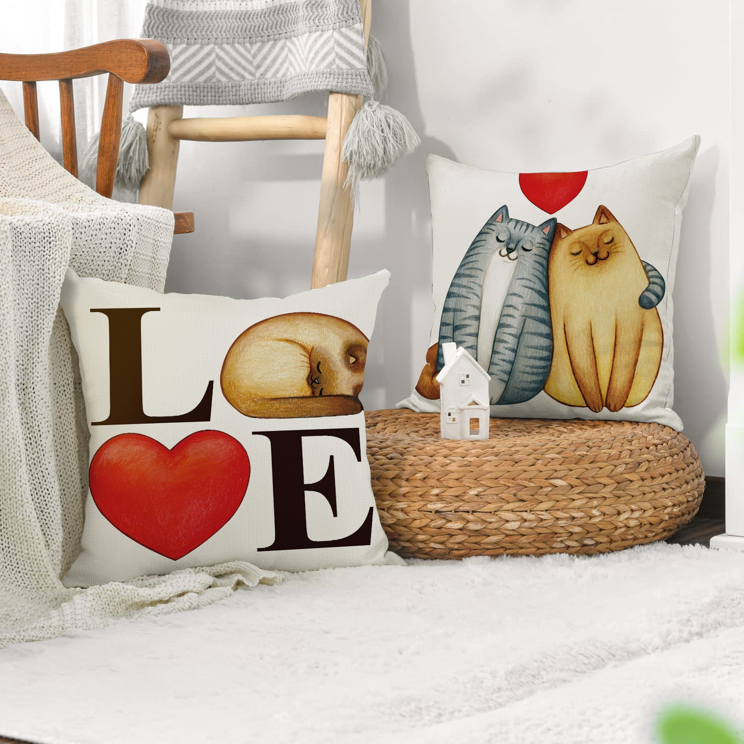 Valentine Cat Pillow Cover Nordic Linen Cute Love Cushion