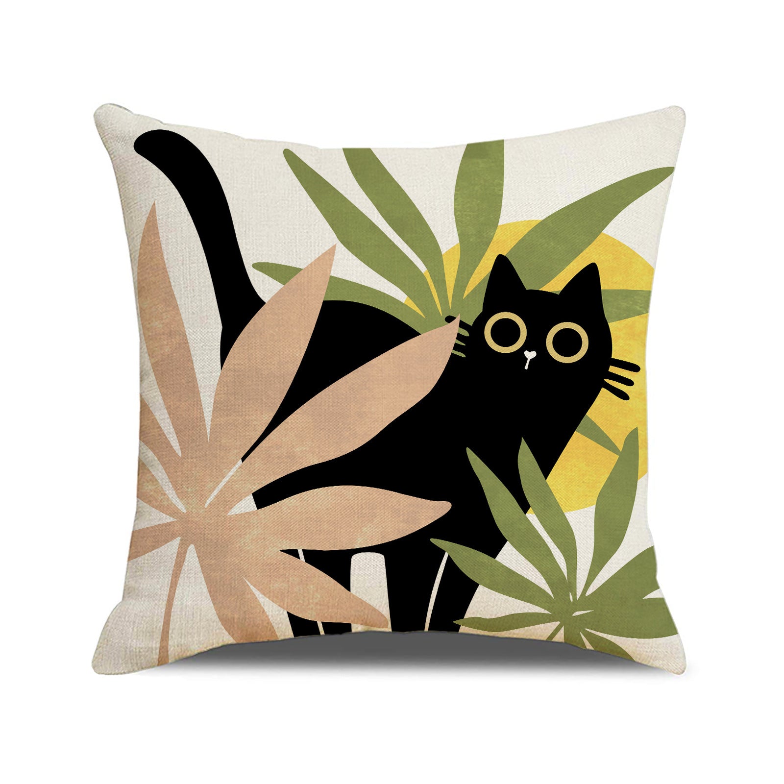Nordic Black Cat Throw Pillow Cover with Botanical Print