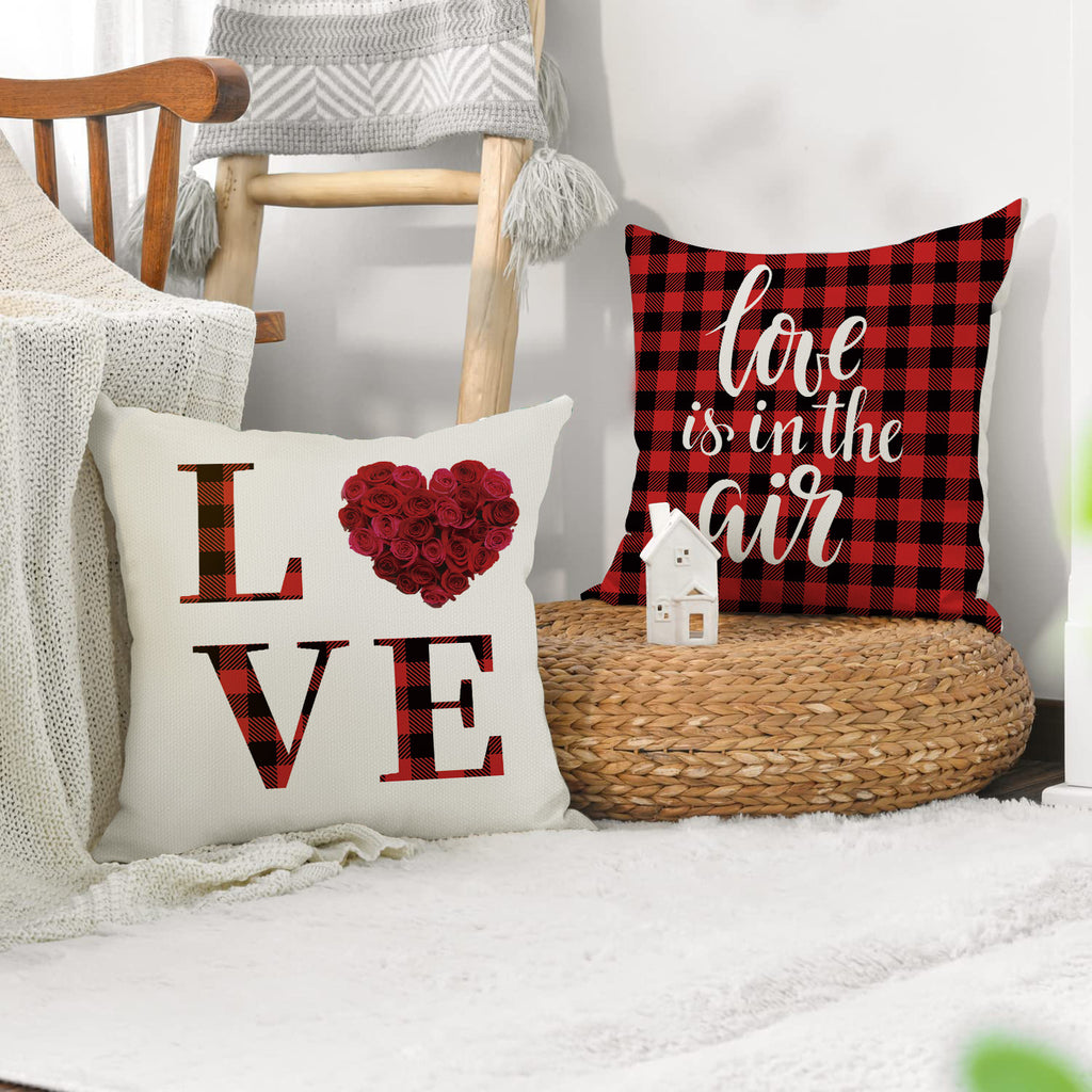 Valentine Home Decor Buffalo Plaid Love Heart Pillow Cover