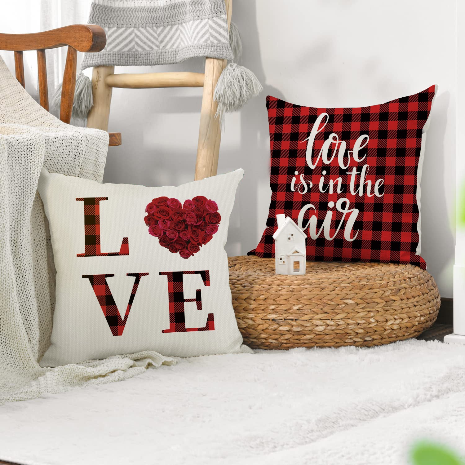 Valentine Home Decor Buffalo Plaid Love Heart Pillow Cover