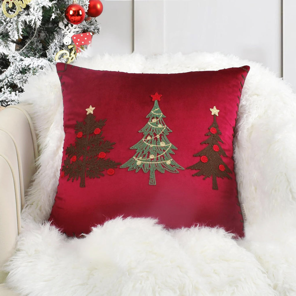 Christmas Tree Embroidered Throw Pillow Cover 18x18in