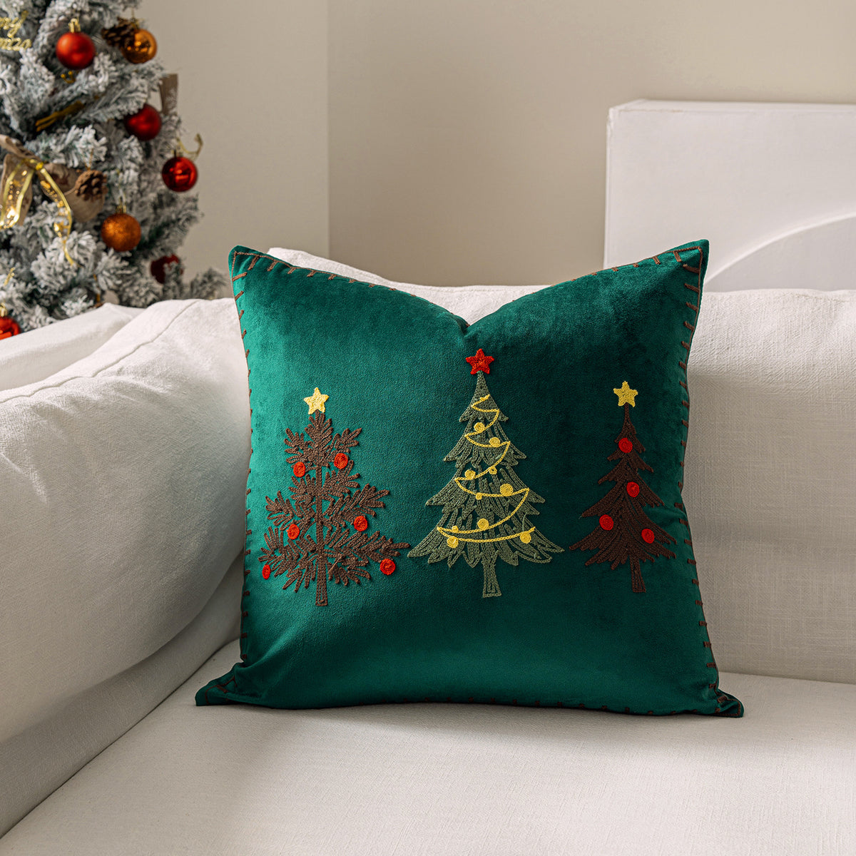 Christmas Tree Embroidered Throw Pillow Cover 18x18in