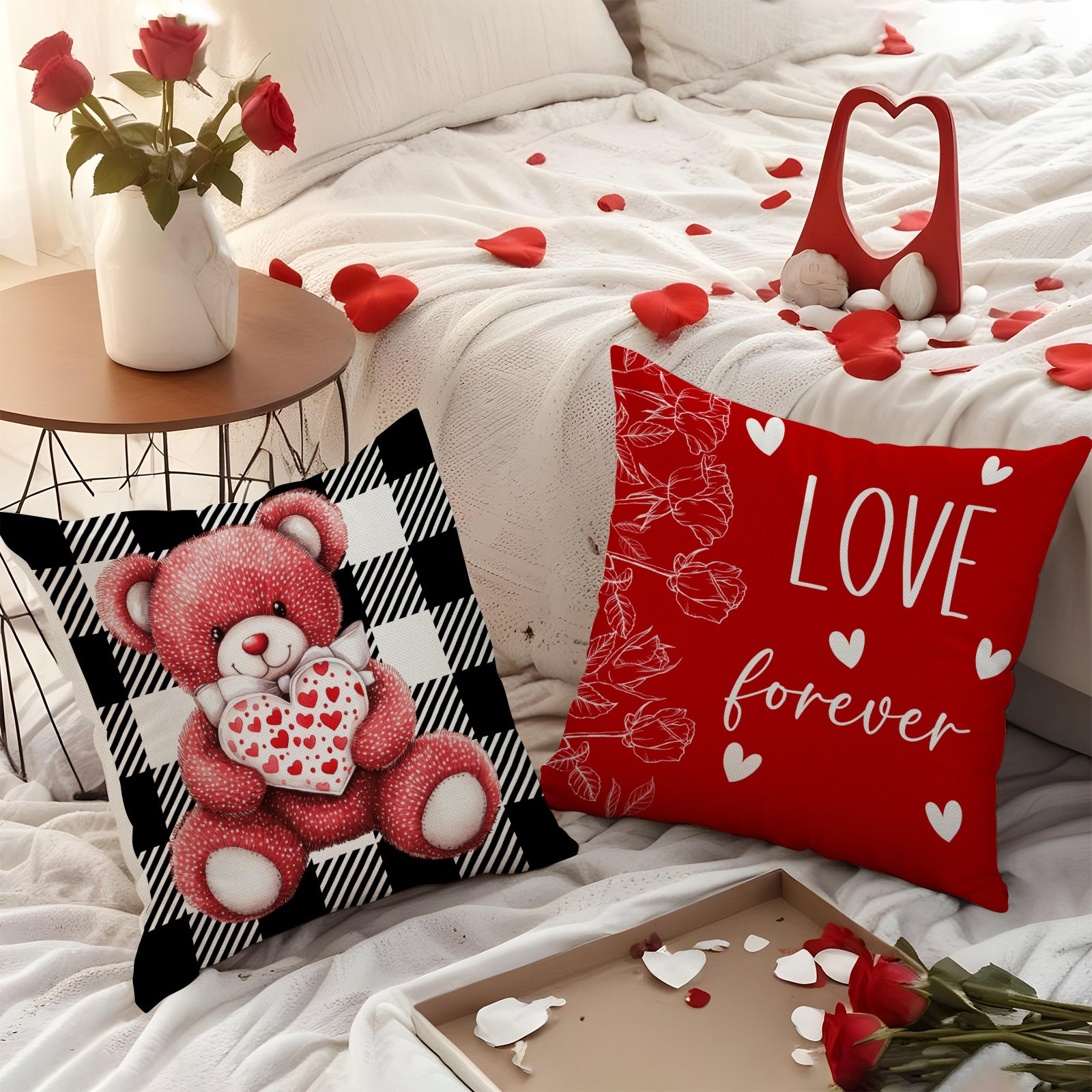 Valentine Plaid Bear Heart Basket Pillow Cover Set