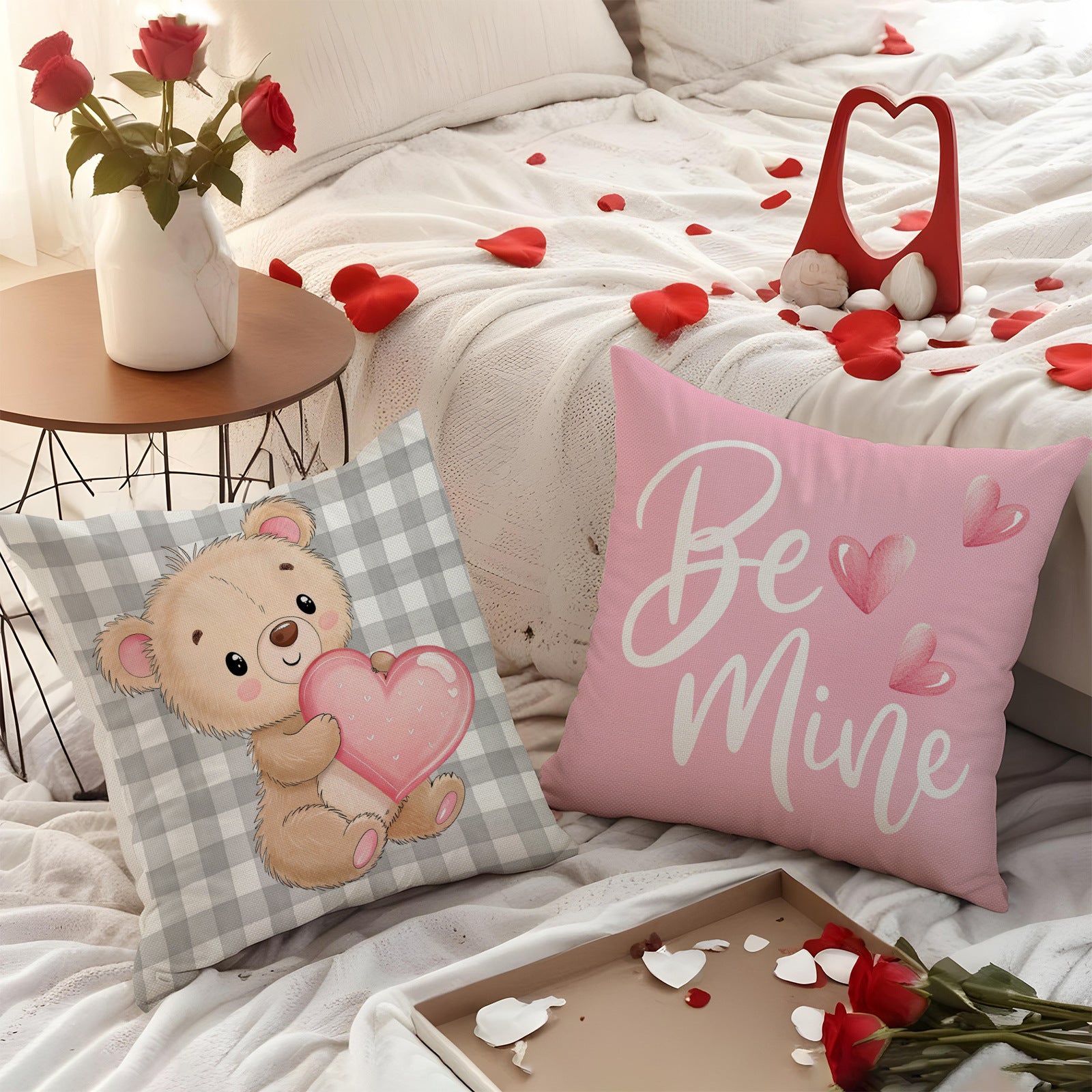 Pink Valentines Pillow Covers Cute Bear Rose Love Decor Set