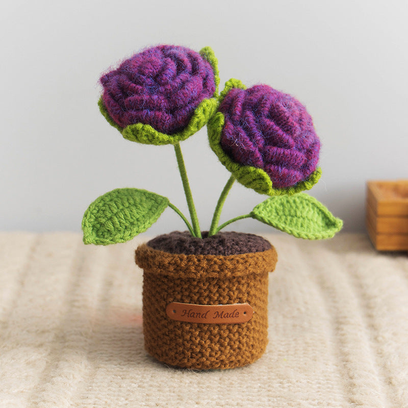 Valentine Handmade Crochet Double Rose Potted Decor