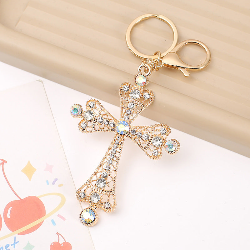 Rhinestone Cross Keychain Gold Alloy Charm