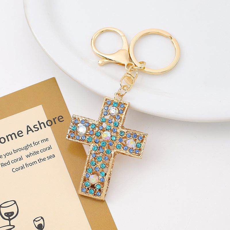 Rhinestone Cross Keychain Metal Bag Backpack Charm Gift