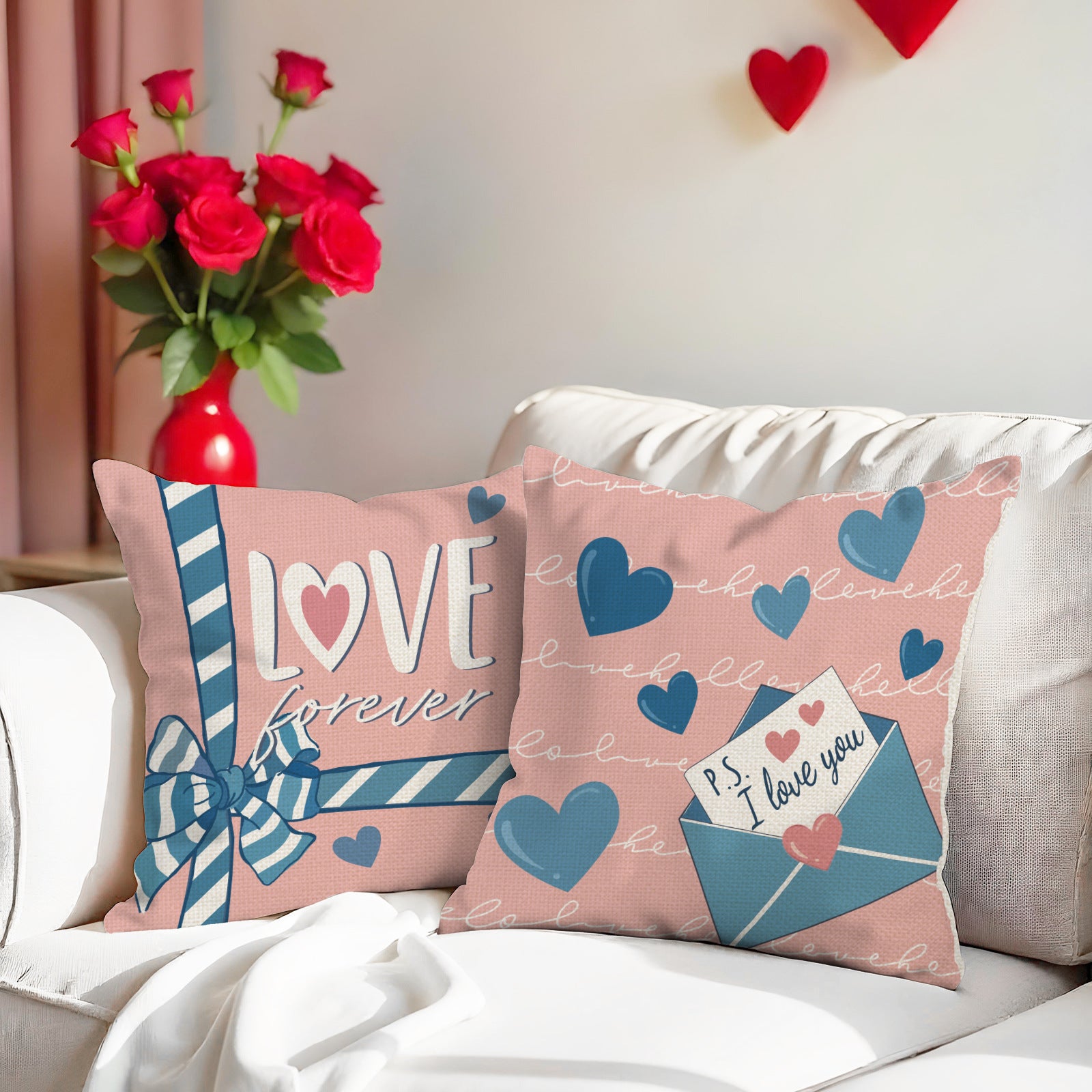 Love Forever Pink and Blue Heart Valentine Pillow Covers Set