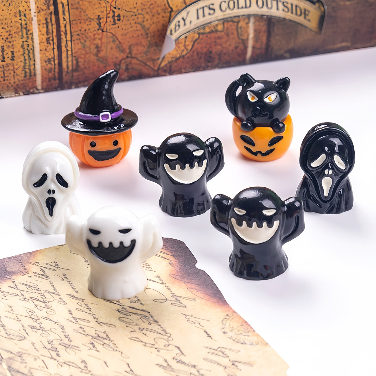 Halloween Resin Mini Figurine Set Spooky Pumpkin Ghost Tabletop Decor