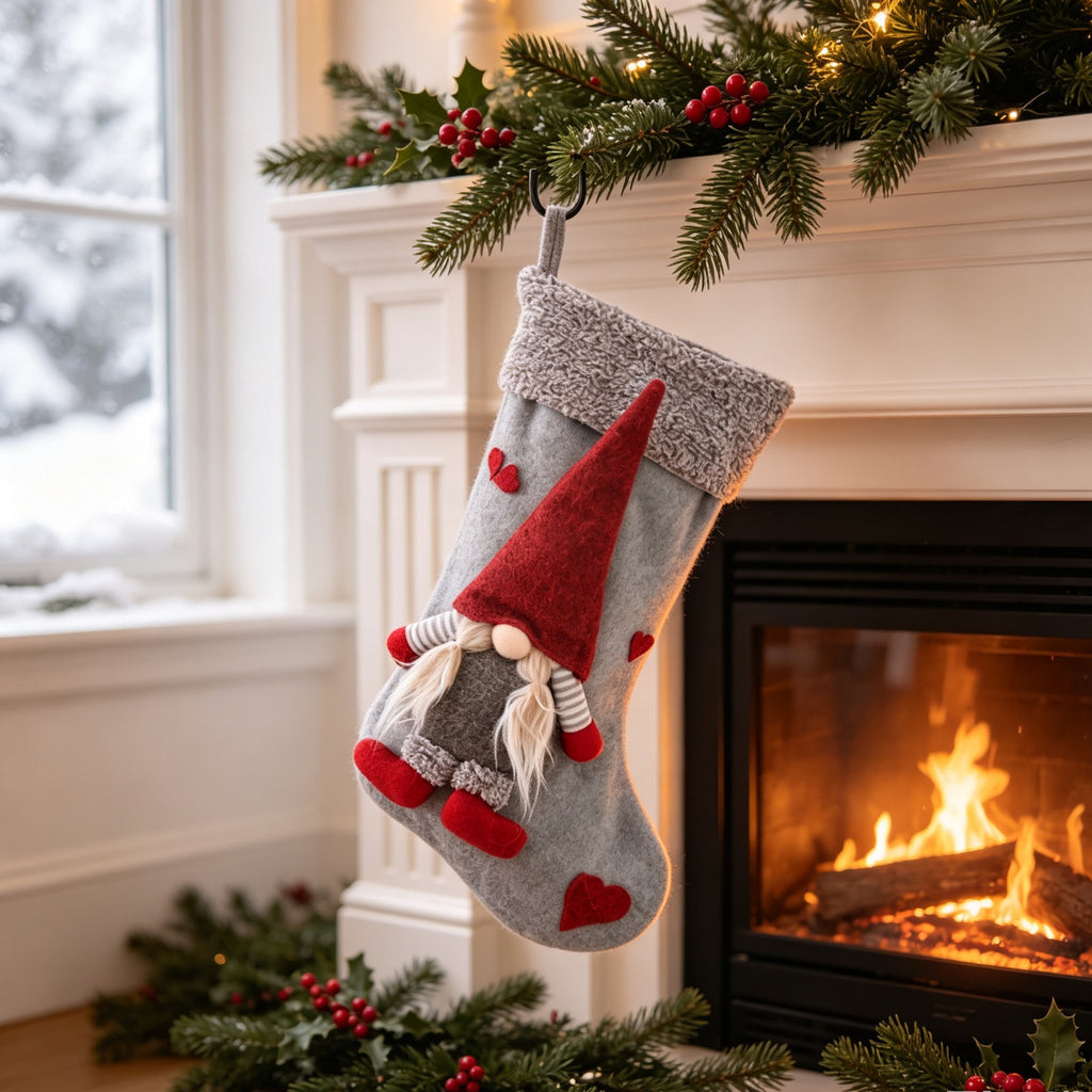 Fabric Gnome Christmas Stocking Hanging Decoration