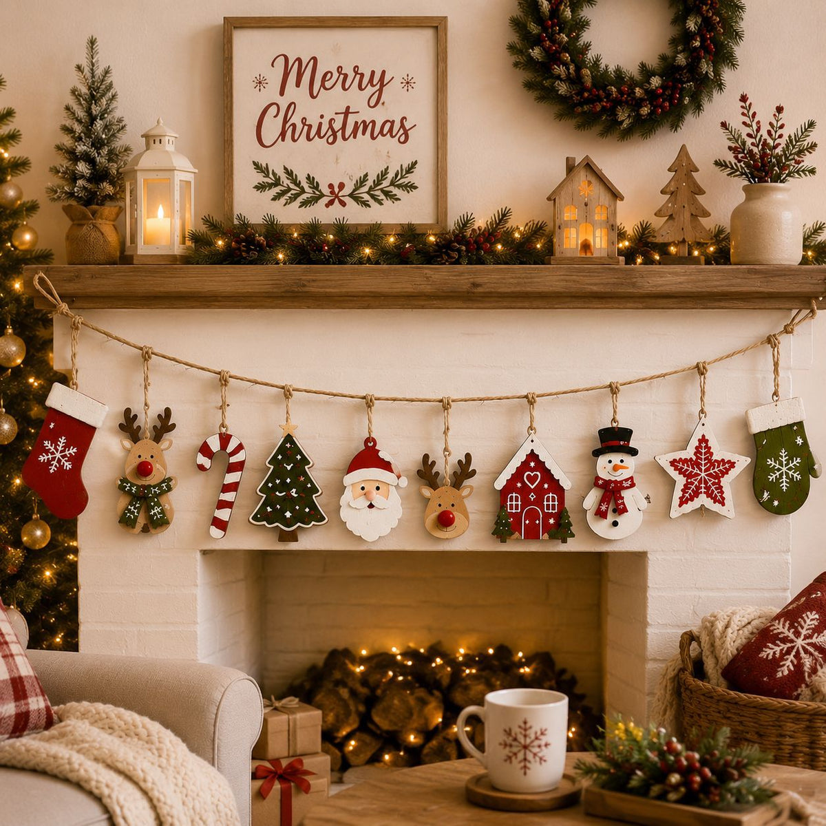 Rustic Christmas Wooden Ornaments Garland Holiday Decor