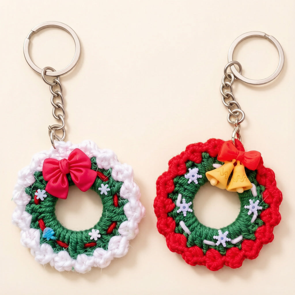 Handmade Knit Christmas Wreath Keychain Decor