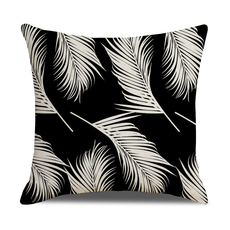 Modern Black White Linen Throw Pillow Cover Botanical Leaf