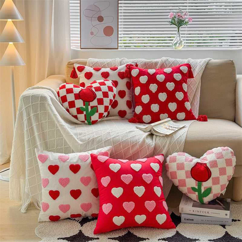 Chenille Heart Valentine Decorative Pillow with Rose Design