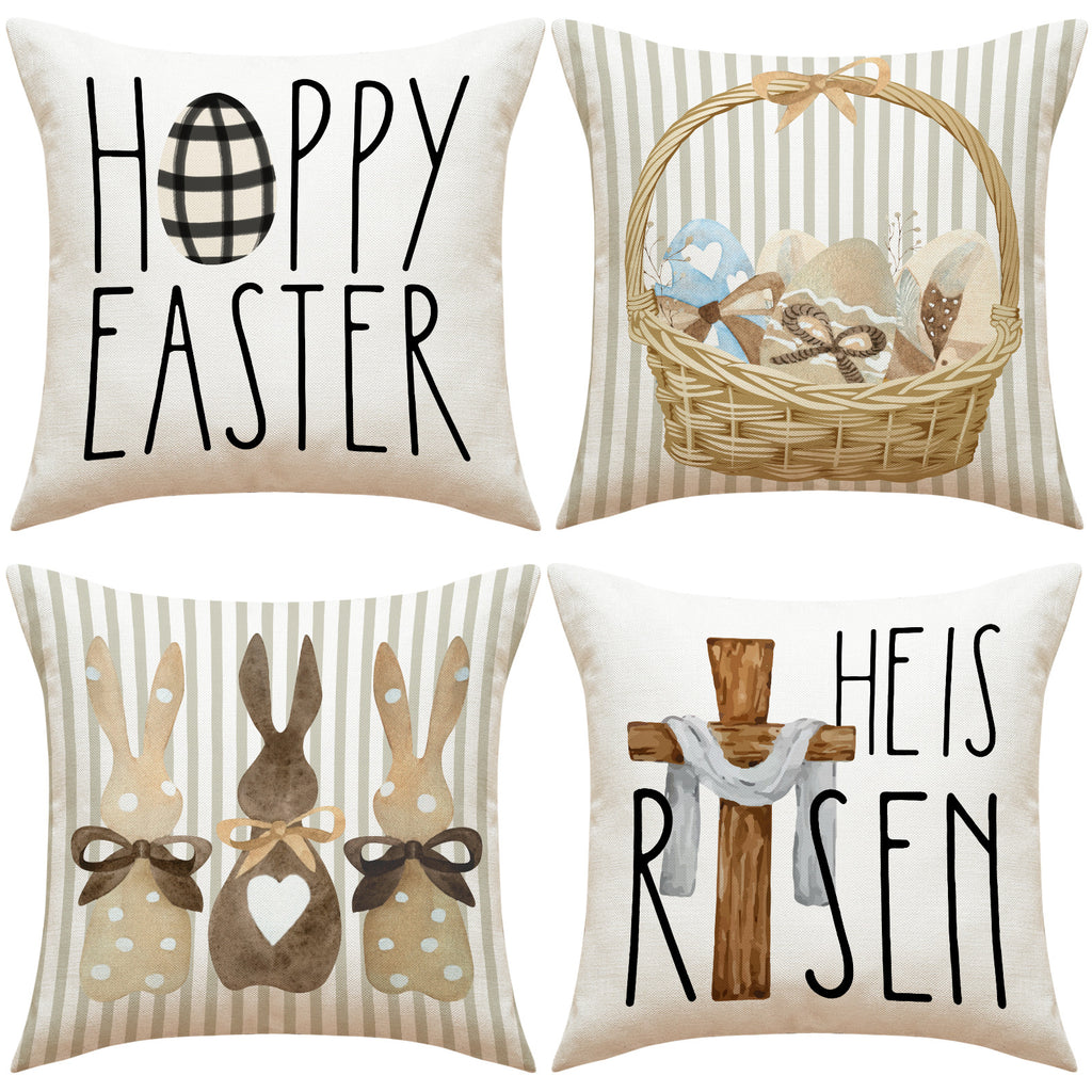 Easter Linen Throw Pillow Cover Bunny Letter Print 18x18