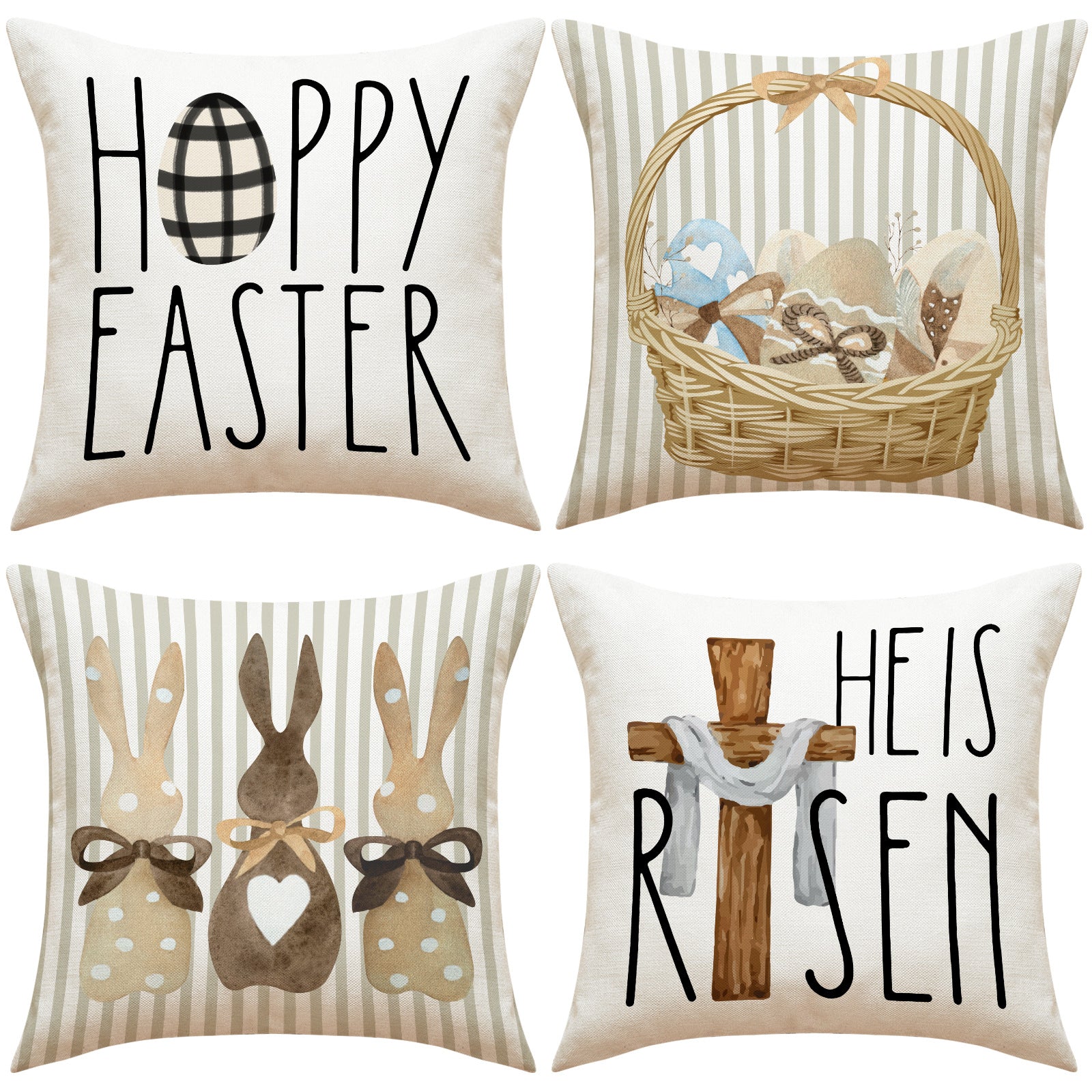 Easter Linen Throw Pillow Cover Bunny Letter Print 18x18