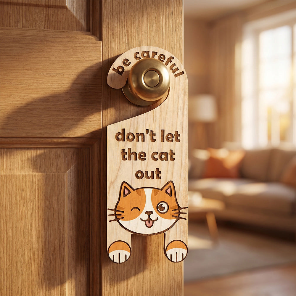 Cat Door Knob Safety Sign Wooden Door Hanging Decor