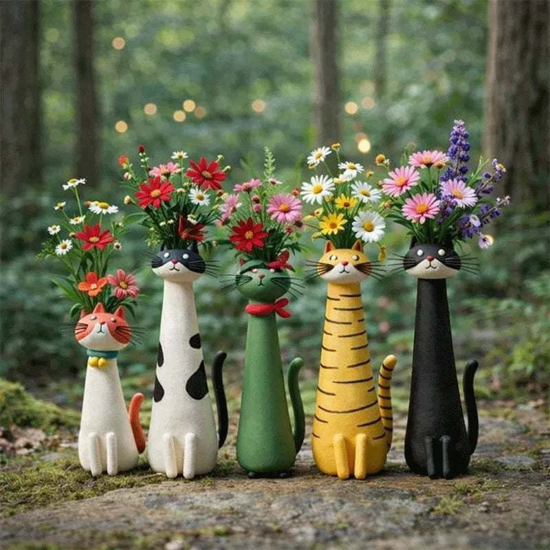 Resin Cat Flower Vase Whimsical Animal Planter Home Decor