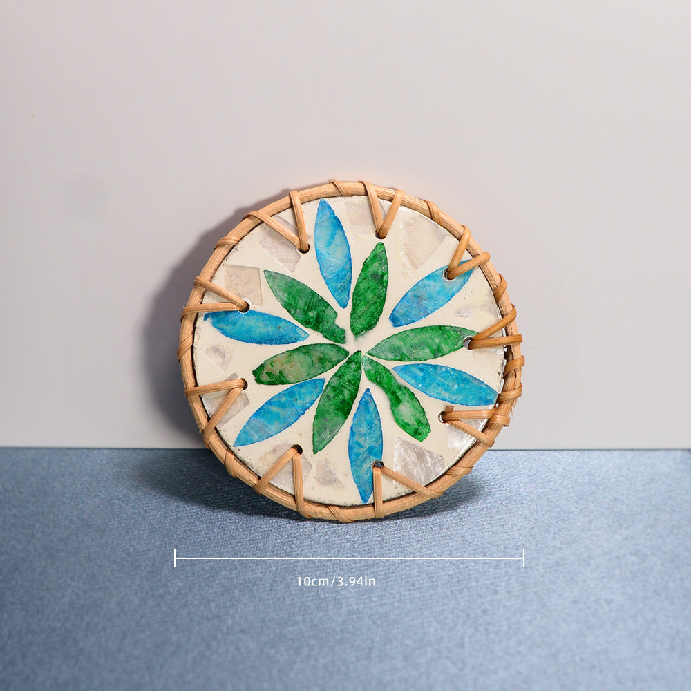 Shell Mosaic Drink Coaster Round Woven Rattan Cup Mat