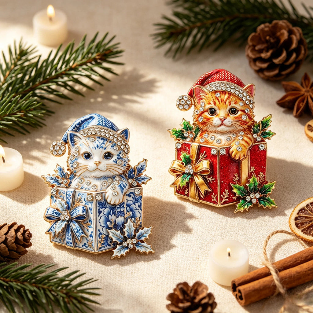 Christmas Cat Brooch Rhinestone Gift Box Pin