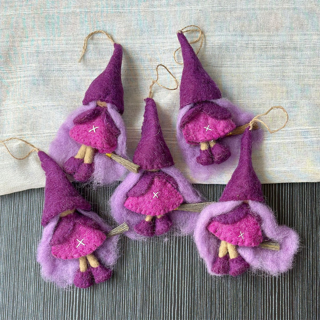 Handmade Wool Felt Purple Witch Hanging Bag Charm