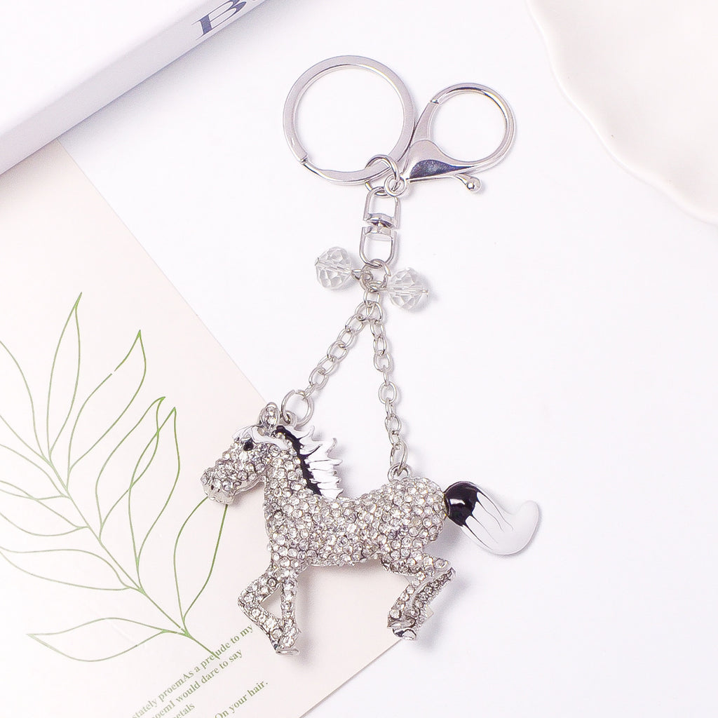 Rhinestone Horse Keychain Silver Animal Charm Metal Key Ring