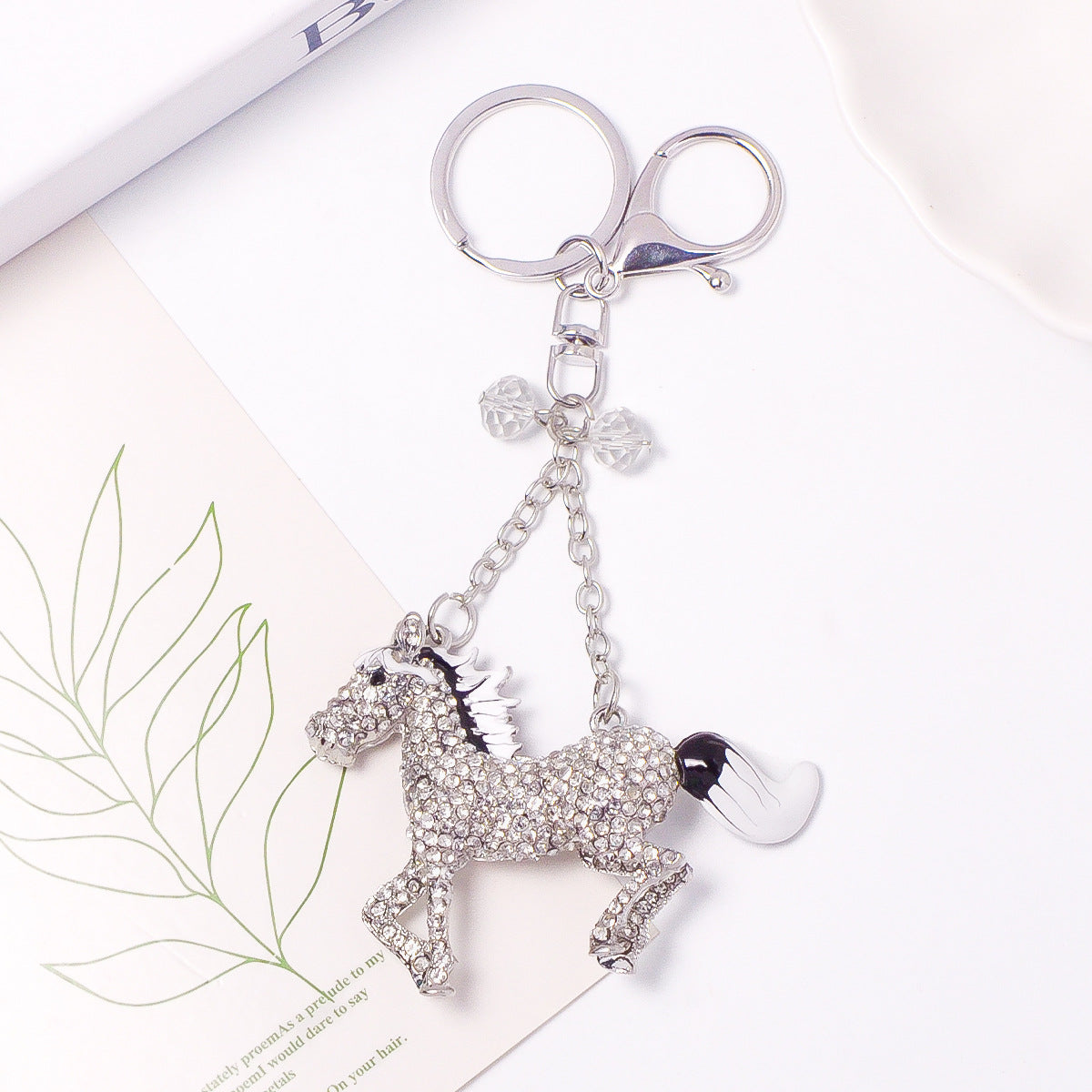 Rhinestone Horse Keychain Silver Animal Charm Metal Key Ring