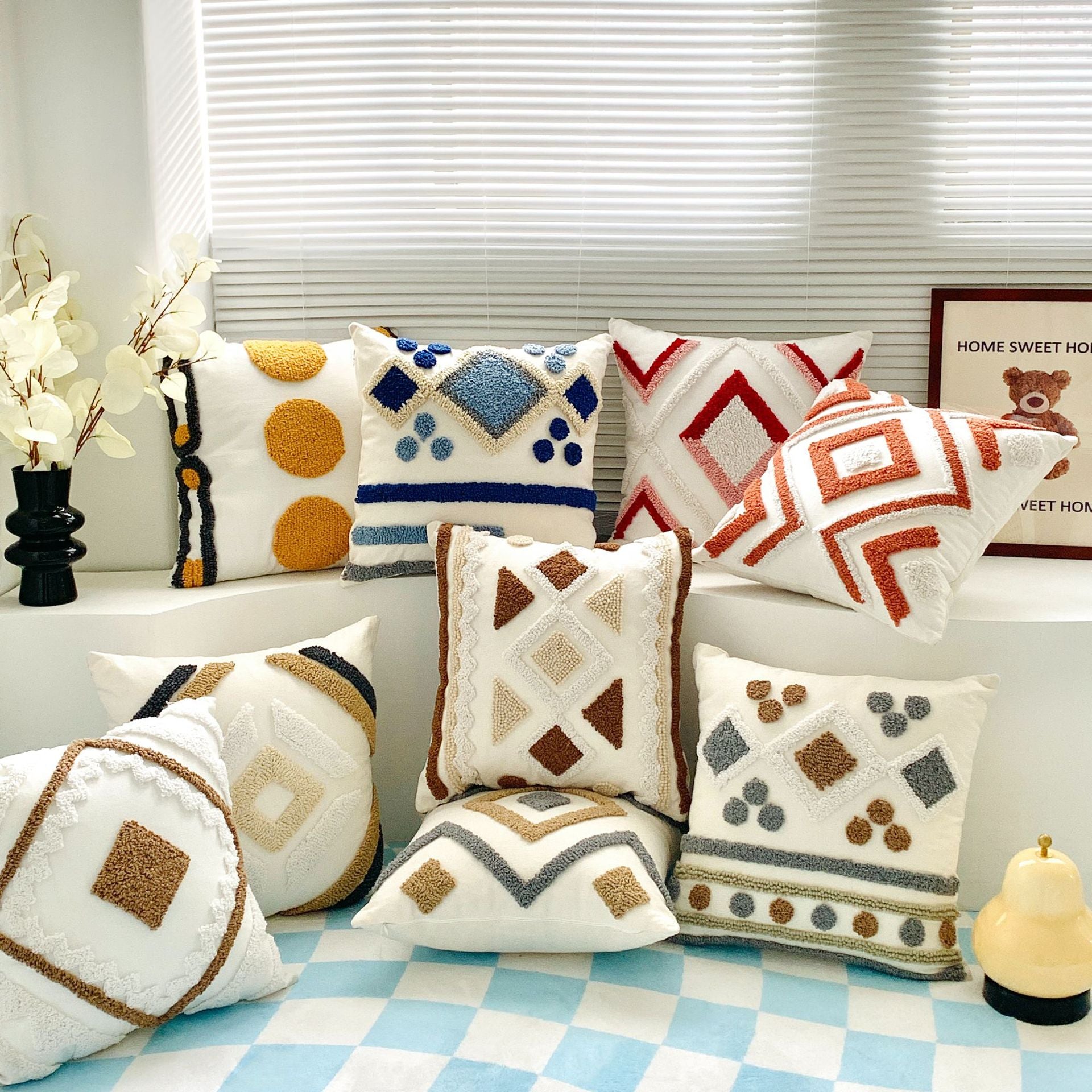 Boho Tufted Embroidered Decorative Throw Pillow for Couch