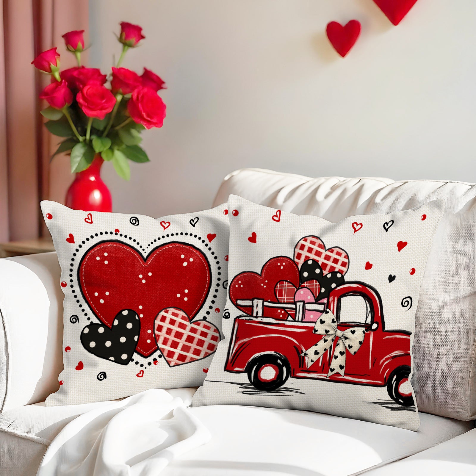 Valentine Heart Print Throw Pillow Covers Love Decor Set