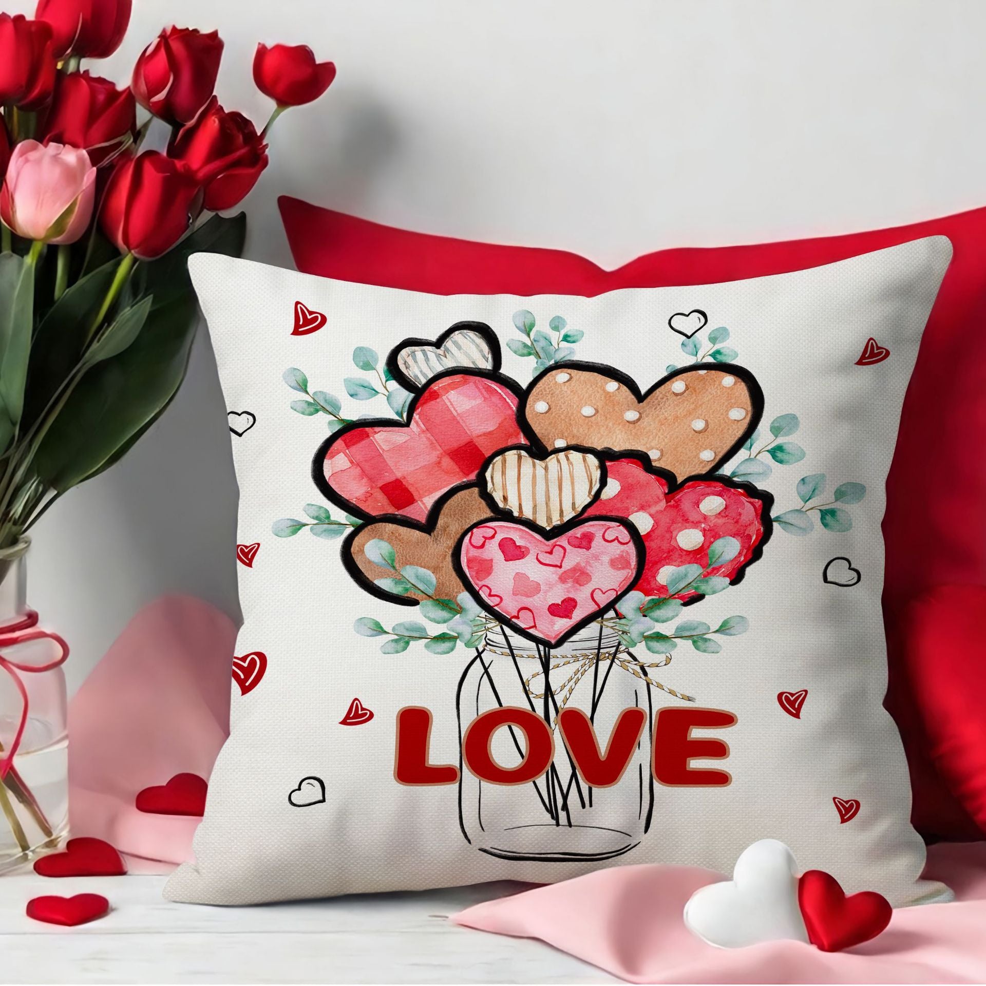 Valentine Heart Balloon Linen Throw Pillow Cover Decor