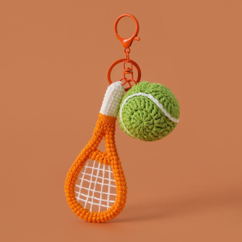 Crochet Tennis Racket Shaped Keychain Sporty Ball Bag Charm