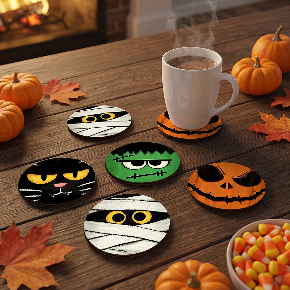 Wooden Halloween Coaster Set Seasonal Table Decor