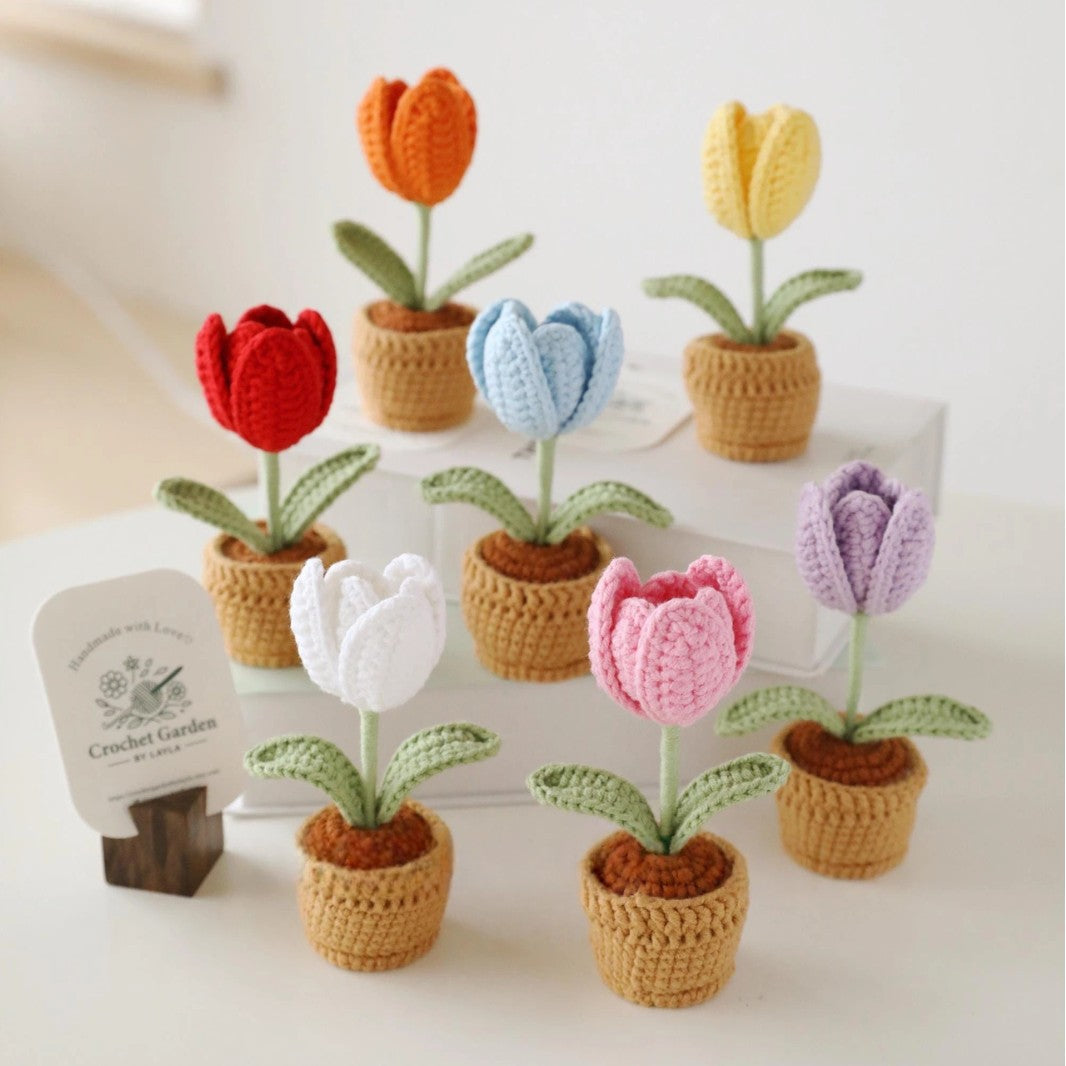 Crochet Tulip in Pot Handmade Mini Flower Decorative Accent